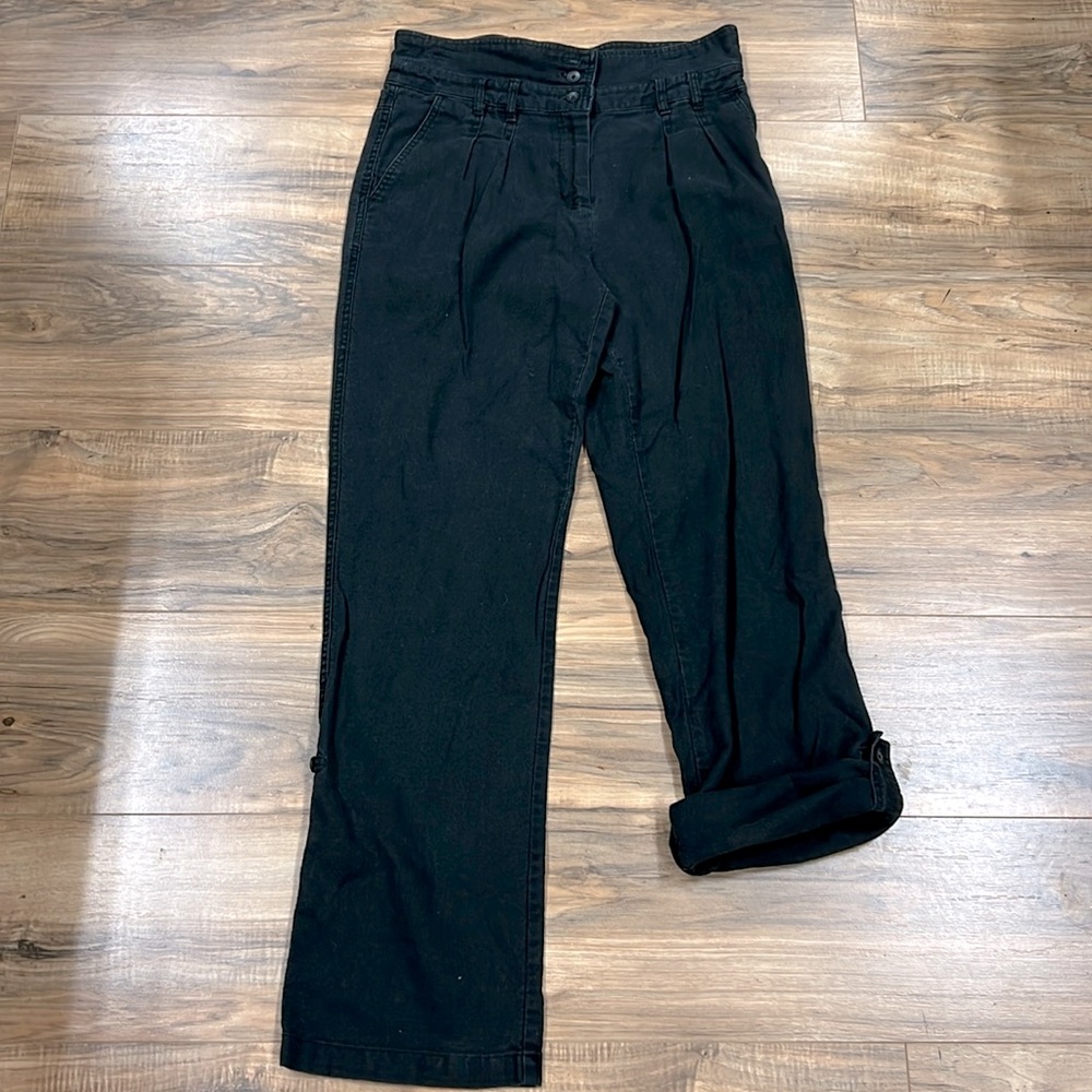 FOR THE REPUBLIC | black linen pants/button & cuff into crops/capris